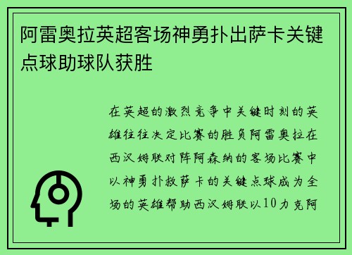 阿雷奥拉英超客场神勇扑出萨卡关键点球助球队获胜 阿雷奥拉英超客场神勇扑出萨卡关键点球助球队获胜